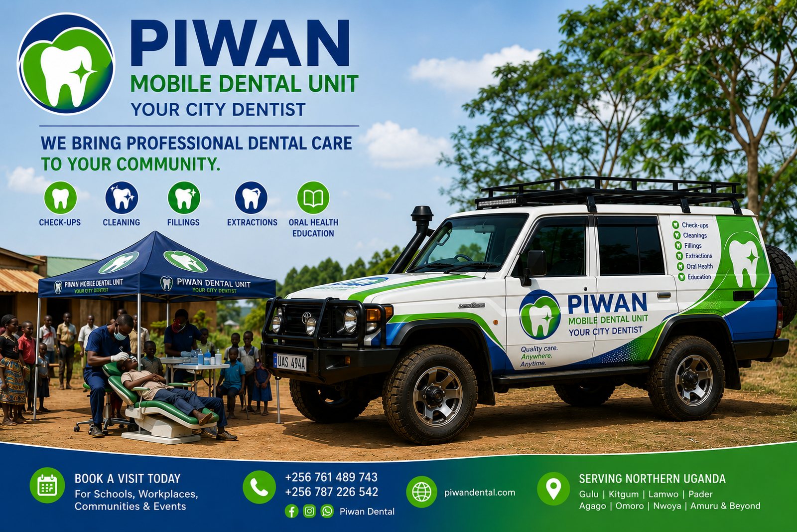 The Piwan Mobile Dental Unit — a fully equipped off-road dental clinic on a Toyota Land Cruiser serving Northern Uganda